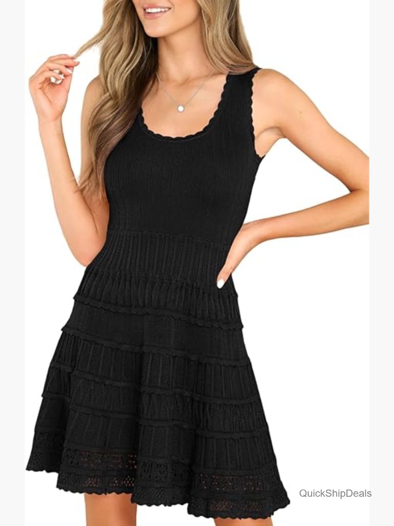 Women's Summer Knitted Crochet Hem Mini Dress Flowy A-Line Tank Sundress